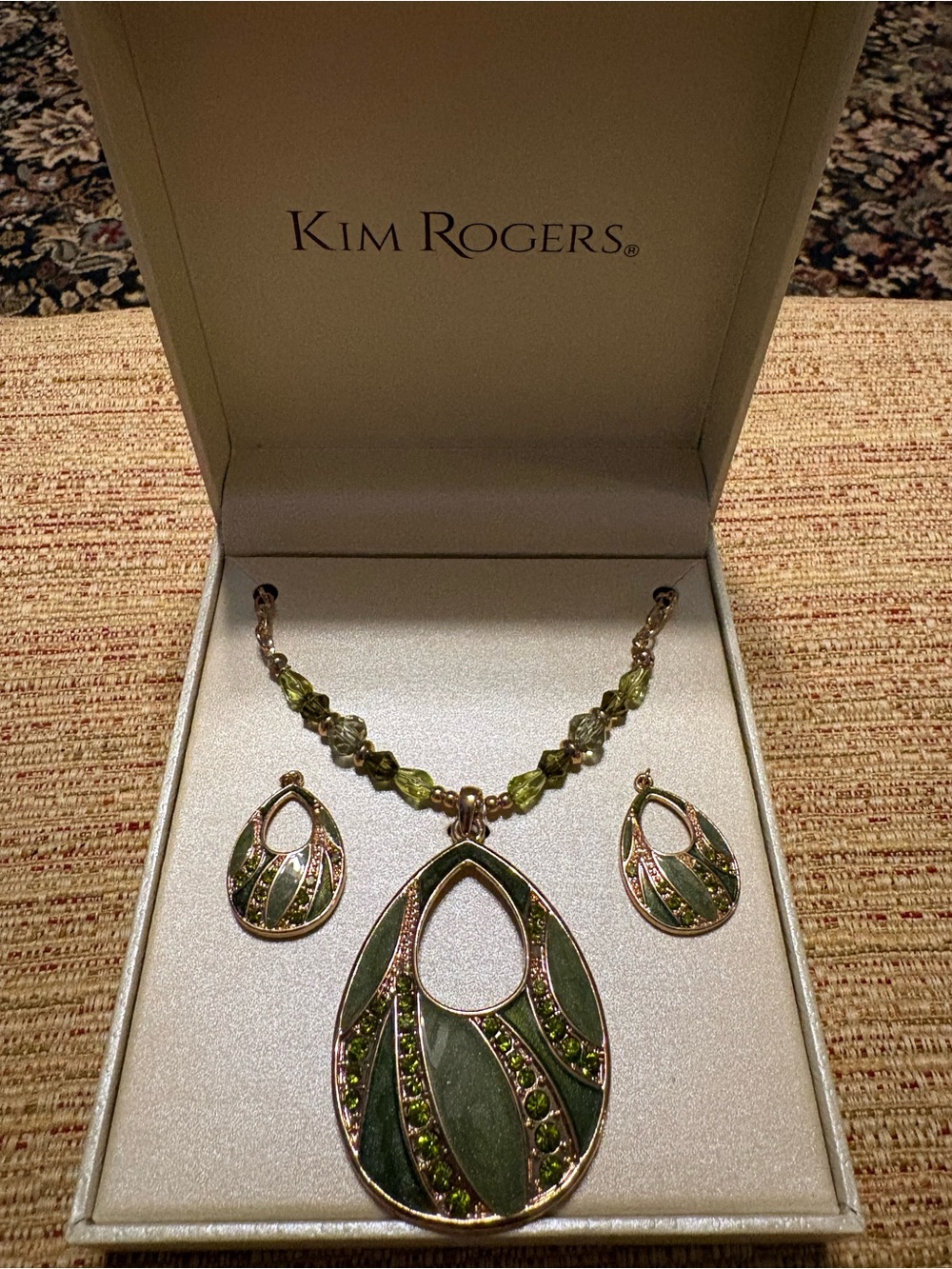 Unopened Kim Rogers Sparkling Green Teardrop Necklace & Matching Earring Set